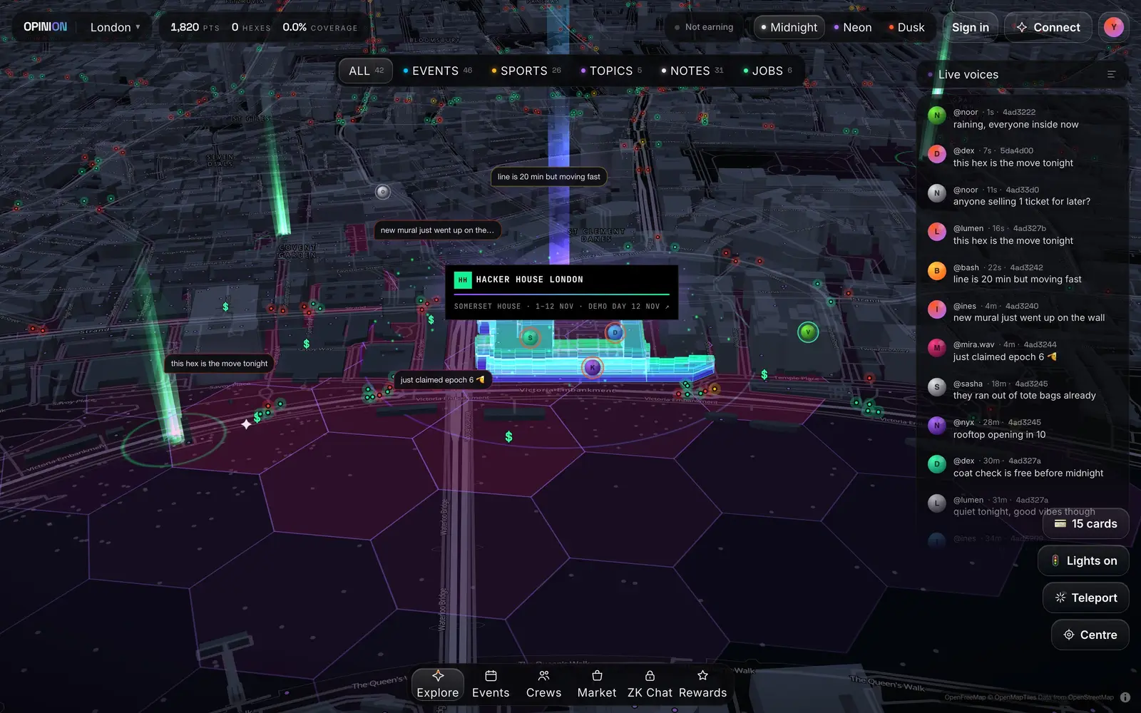 The OPINION live map of London with events, notes and a live voices feed