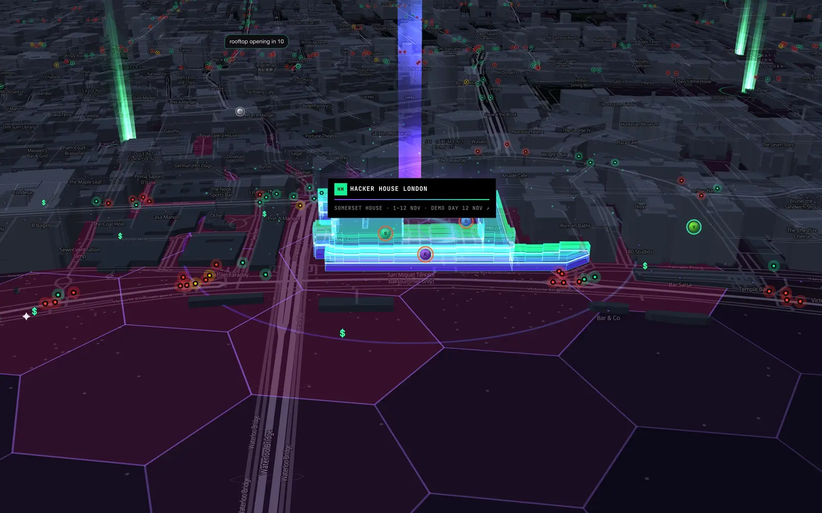 OPINION's 3D glass model of Somerset House, London, glowing on a dark map