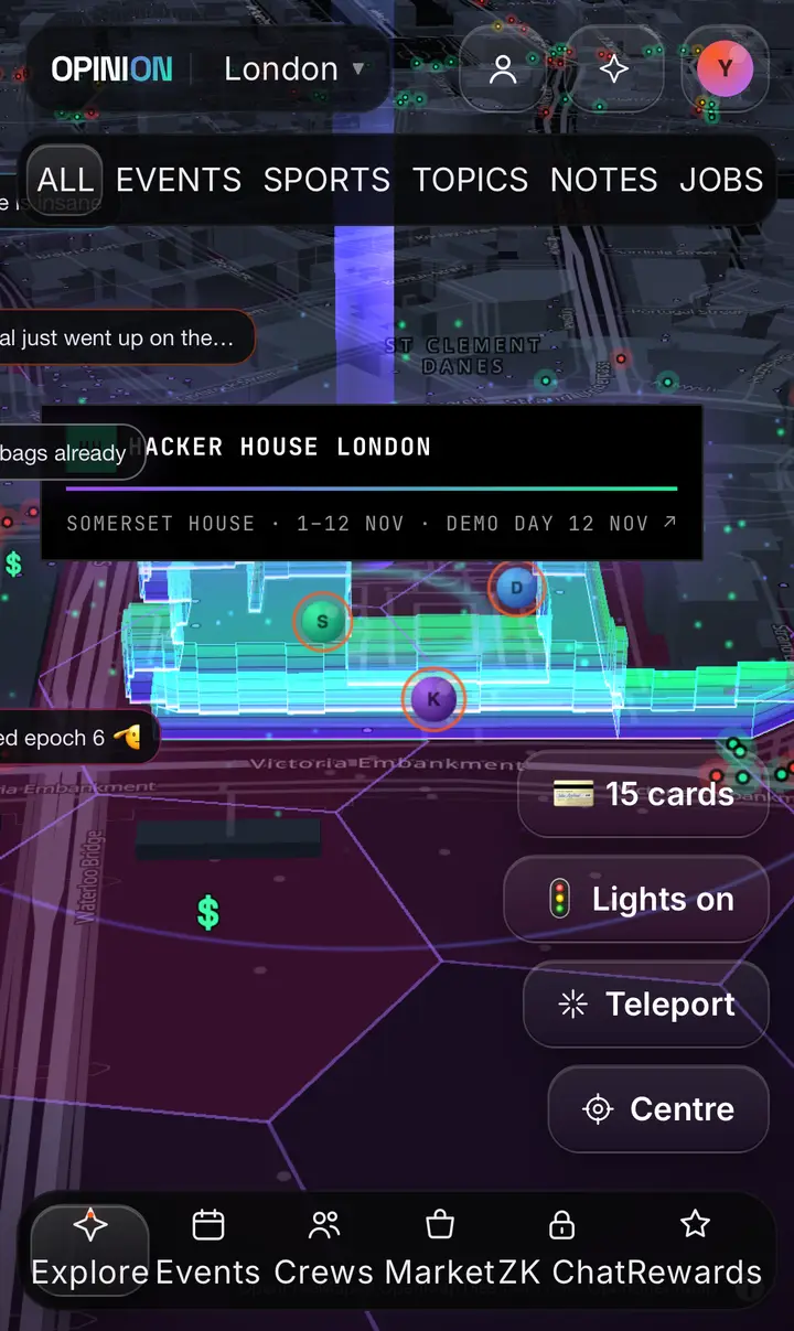 OPINION on iPhone: the London map with the Hacker House landmark and paid jobs marked with dollar signs