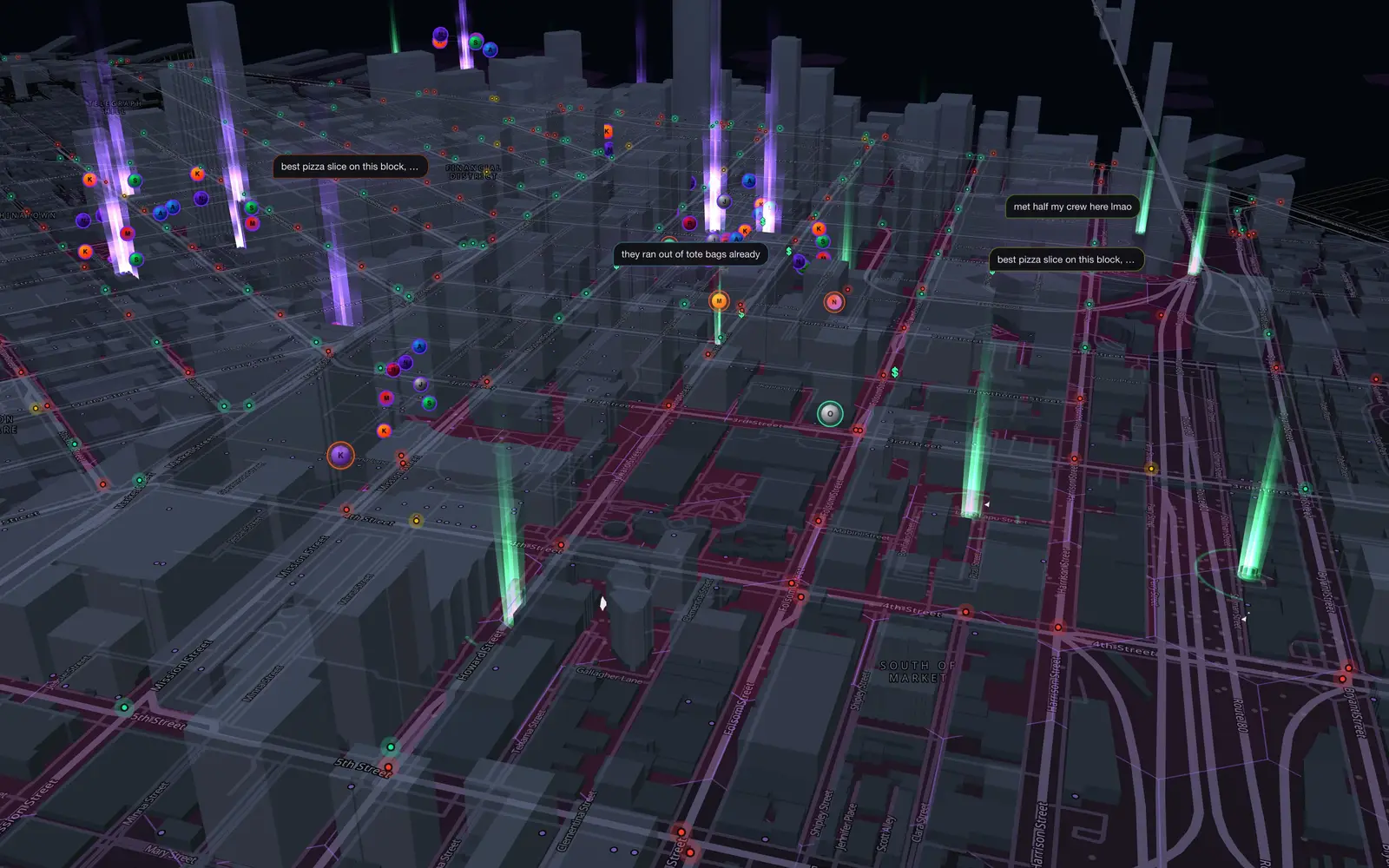 San Francisco SoMa at night in 3D with people and light beacons