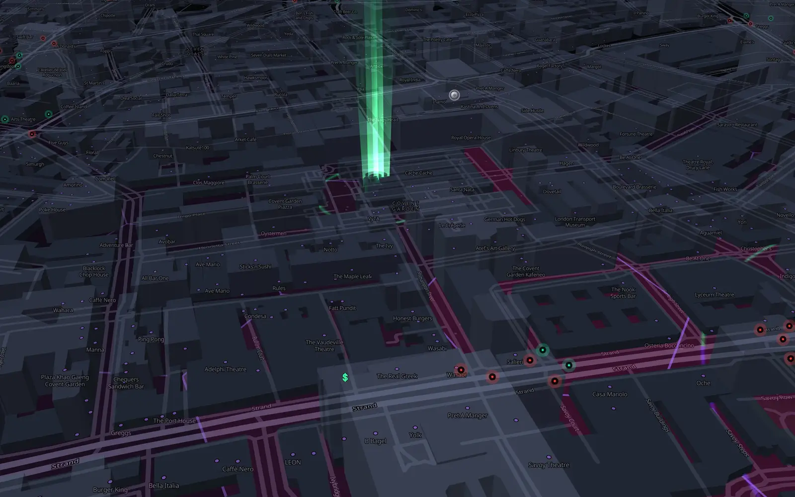 The H3 hex grid over the Strand, London, with live traffic lights at street level