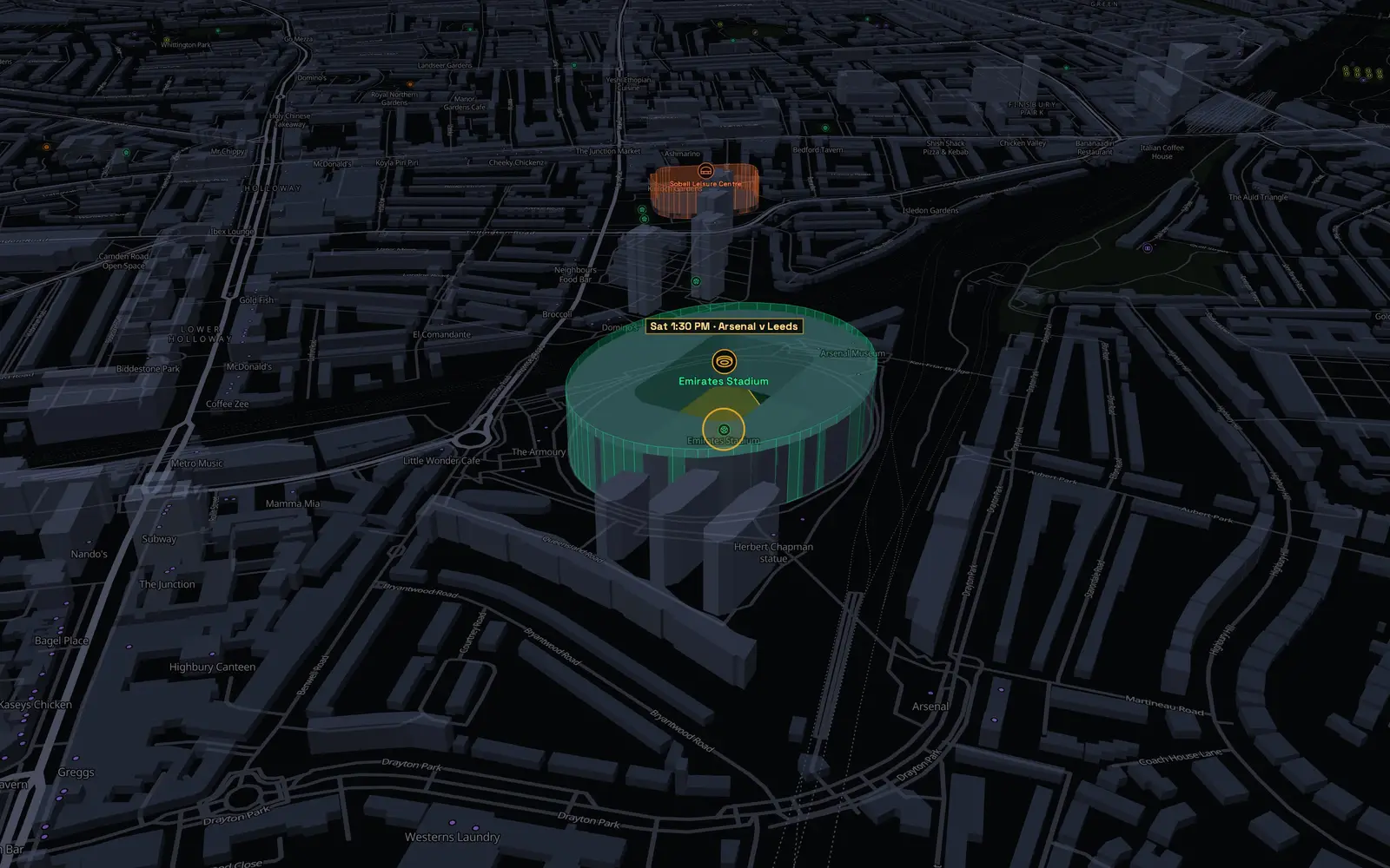 Emirates Stadium as a glass footprint with a live fixture tag
